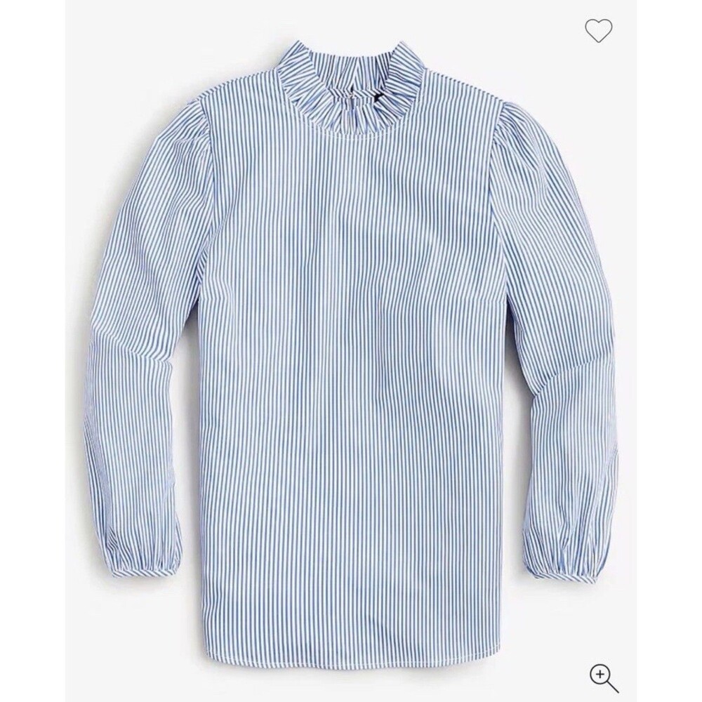 J. Crew Blouse Women's Medium Blue White Striped RuffleNeck Top Long Sleeve